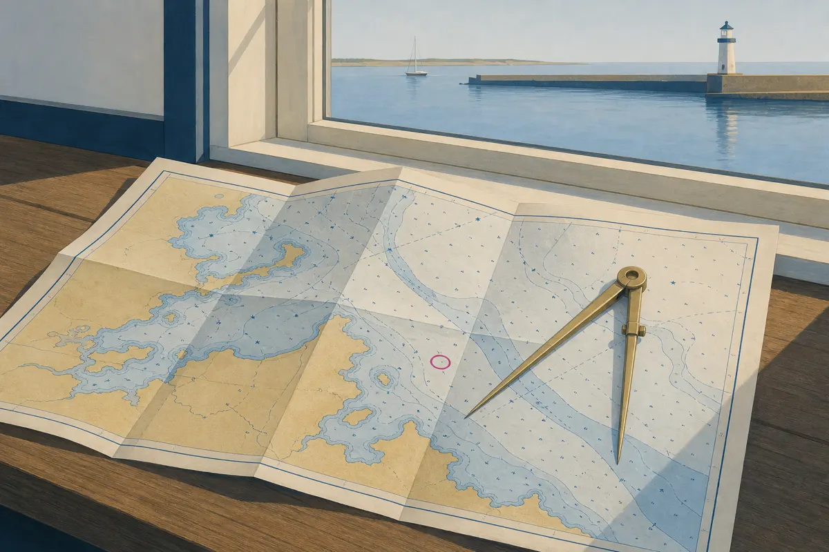 Illustration af et søkort på et bord ved et havnevindue med en passer og en magenta cirkel om et punkt